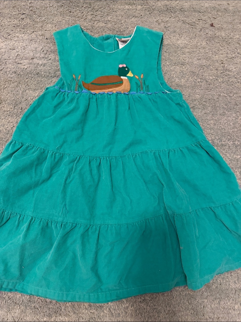 Girls Teal corduroy Tiered Dress with Duck Appliqué